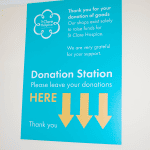 A posted saying to donate items here