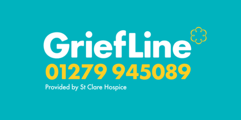St Clare Hospice's GriefLine logo. GriefLine can be called Monday - Friday 9am - 5pm on 01279 945089.