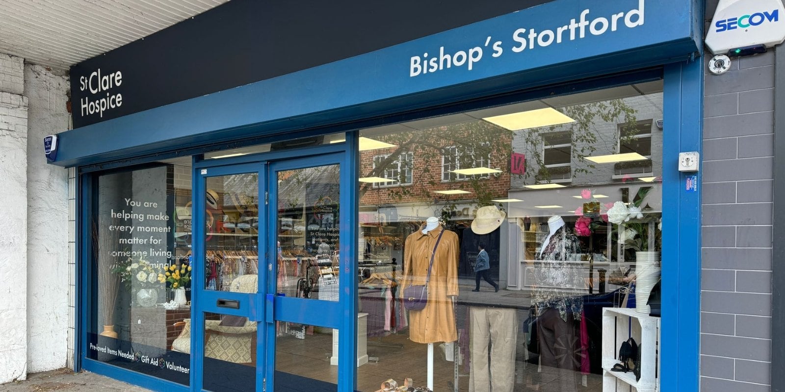 The front shop of the St Clare Hospice Bishop's Stortford shop on South Street can be seen.