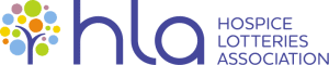 Hospice Lotteries Association logo with a colourful tree on the far left hand side of the logo, "hla" in lowercase sans-serif purple font and the words "Hospice Lotteries Association" on the far right in purple.