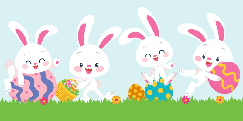 Four bunnies can be seen frolicking in a spring-time scene with Easter eggs, flowers and a basket filled with Easter eggs. They smile.