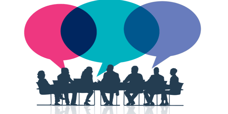 Graphic of people sitting round a table with three overlapping speech bubbled above them