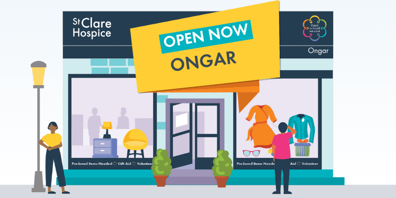 Web banner shows a graphic of a St Clare Hospice shop with people standing outside looking in. Graphic reads: 'Open now Ongar'