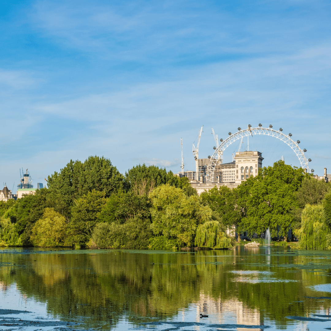 St James' Park is pictured with the lake in the foreground and the London Eye in the background.