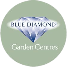 Blue Diamond Garden Centres logo. The logo features a blue-lilac diamond and sans serif font that reads 'Blue Diamond' and the 'Garden Centres' below it is in white.